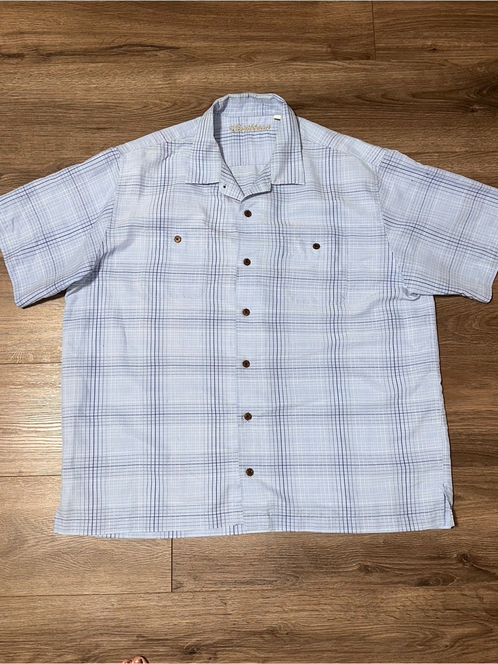 Caribbean Blue Plaid Shirt Button-up Chest Pockets